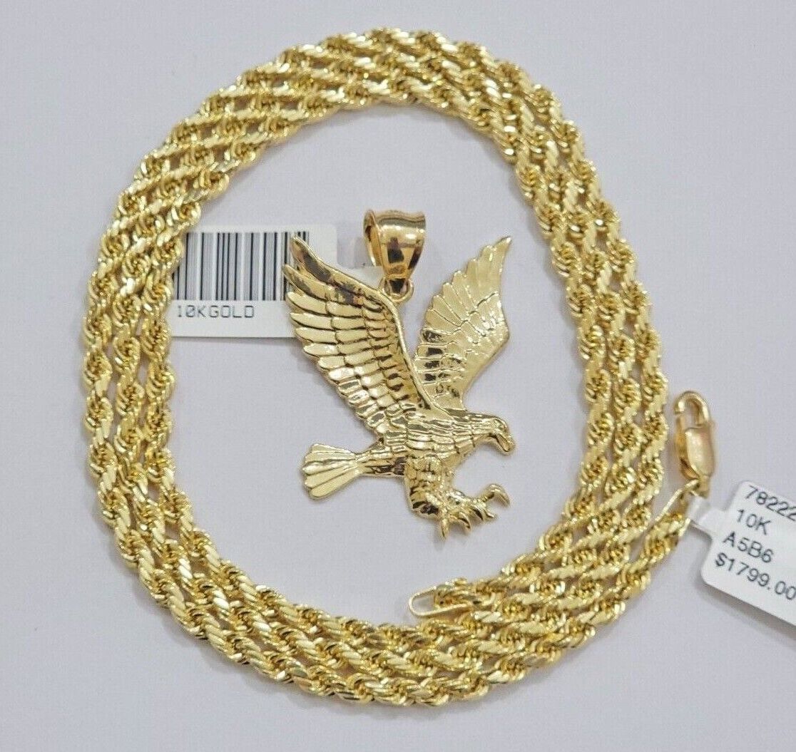 10k Yellow Gold Rope Chain Eagle Charm Pendant Set 18" - 28 Inch 3mm Necklace REAL - GoldenlinQ